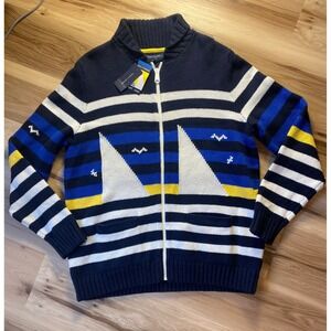 Tommy Hilfiger Mens Full Zip Nautical Sailboat Sweater Navy Blue Striped NWT XXL